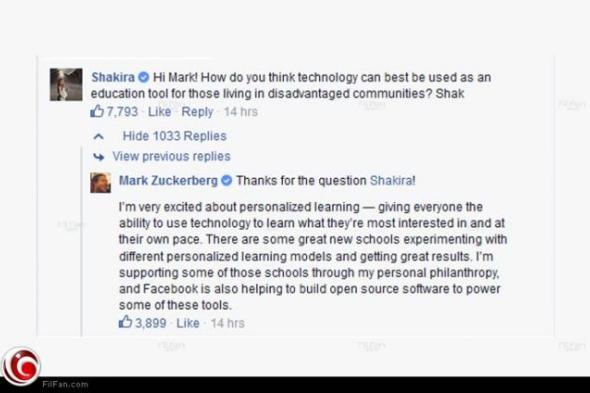 صورة- شاكيرا تستعين بخبرة مؤسس Facebook لتطويع التكنولوجيا لتعليم المحرومين